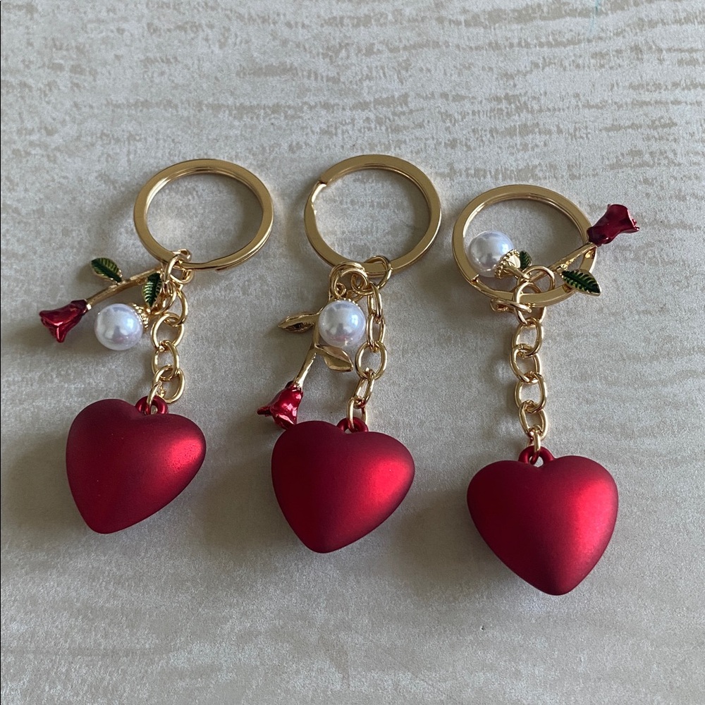 3PCS Elegant Red Heart and Rose Keychain